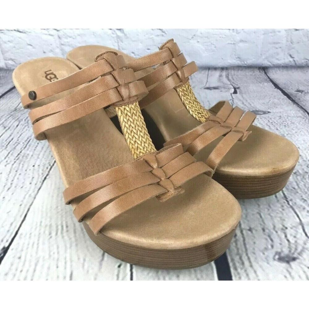 Ugg Womens Sz 10 Leather High Heel Open Toe Wedge Sandals Brown Strappy New